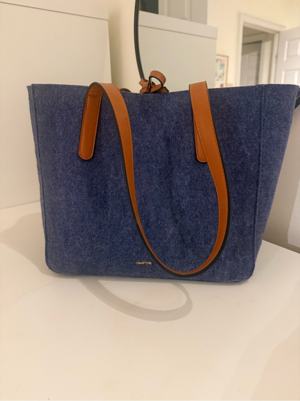 Parfois-Blue Felt Tote Bag with Tan Straps- never worn